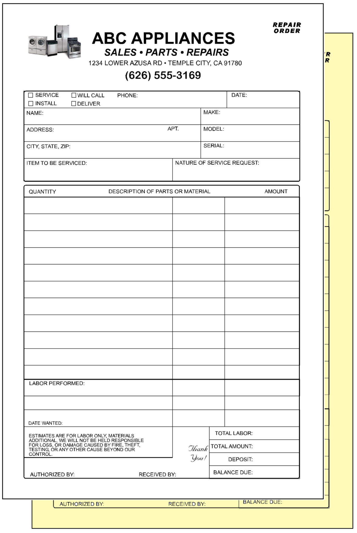Appliance Repair Service Invoices Receipts 2 Part NCR Custom Printed w