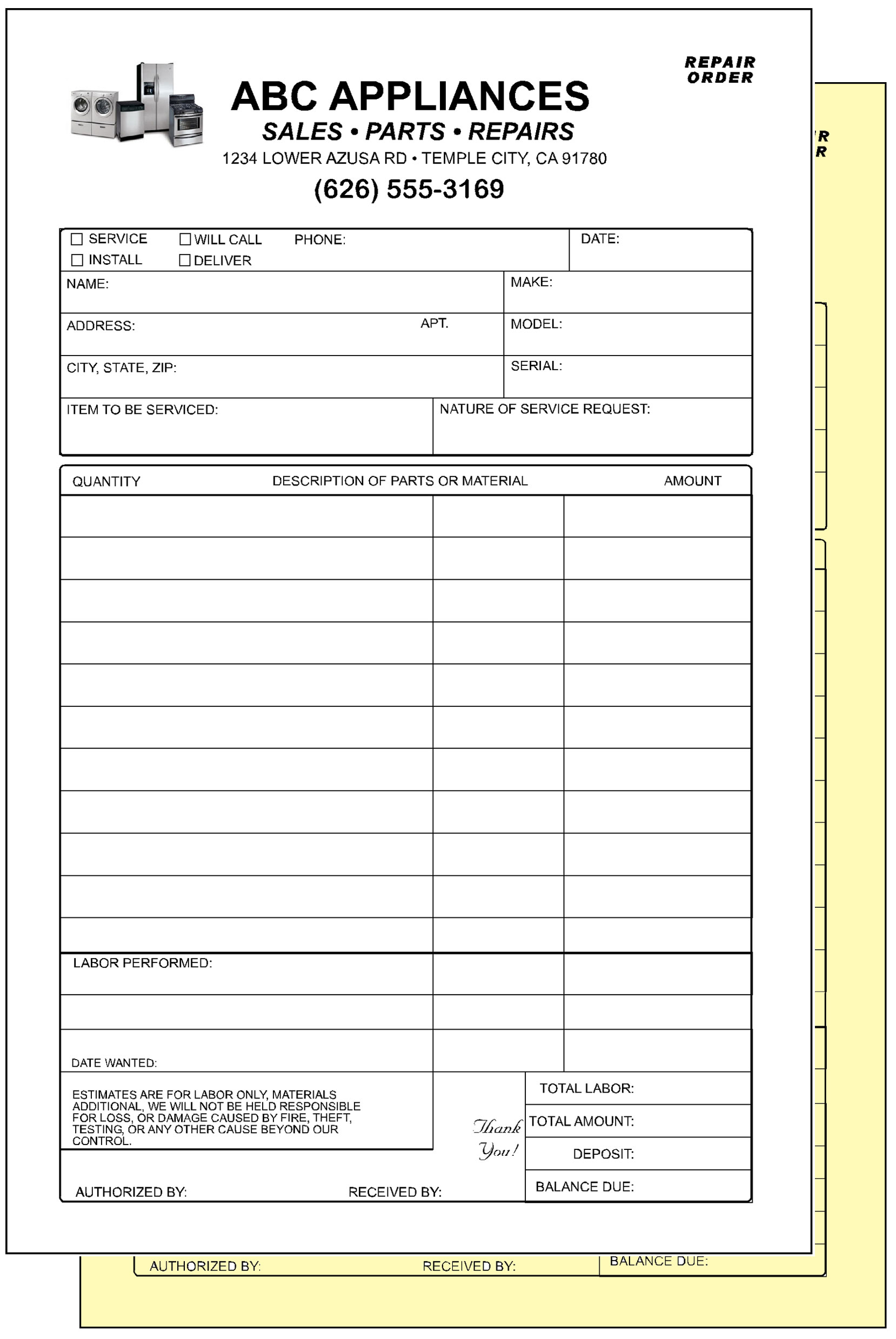 Appliance Repair Service Invoices Receipts 2 Part Ncr Custom Printed W