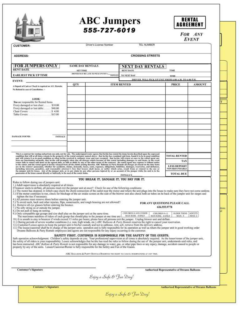 Bounce House Rental Agreement Template