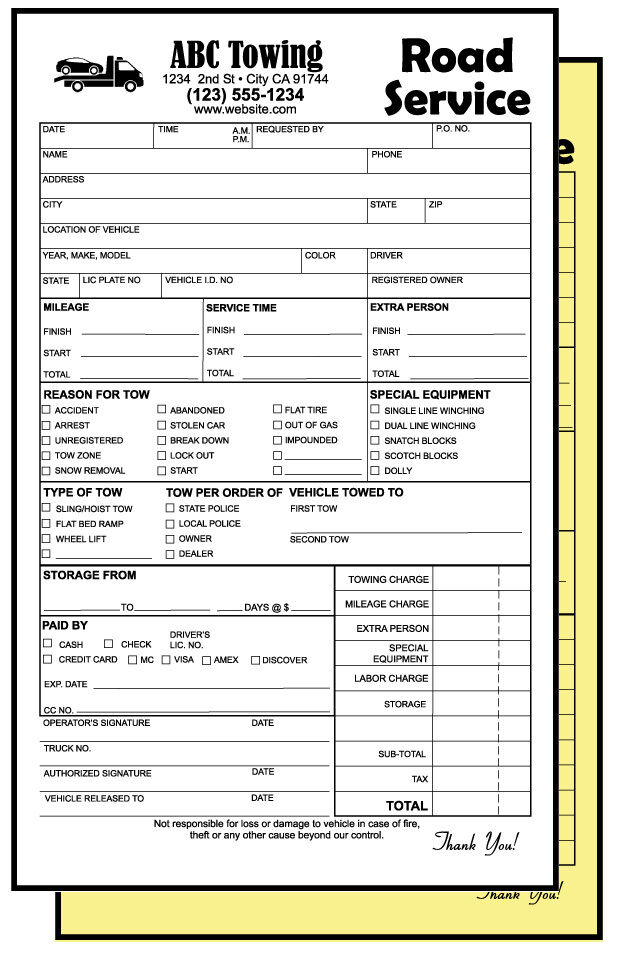Towing Invoices Receipts Custom Printed 2 part NCR Road Service